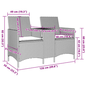 vidaXL Gartensofa 2-Sitzer mit Tisch und Kissen Braun Poly Rattan