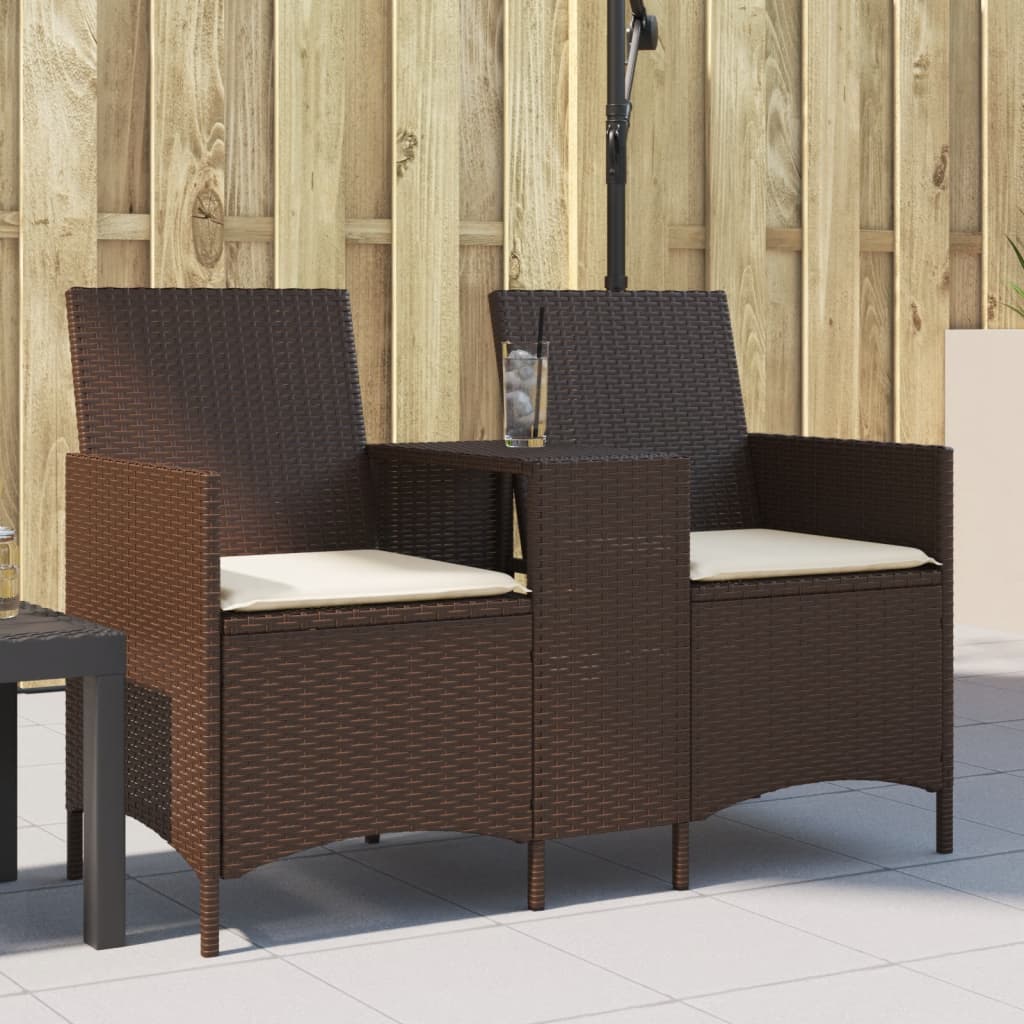 vidaXL Gartensofa 2-Sitzer mit Tisch und Kissen Braun Poly Rattan