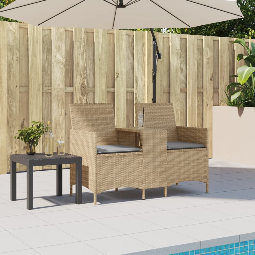 vidaXL Gartensofa 2-Sitzer mit Tisch und Kissen Beige Poly Rattan