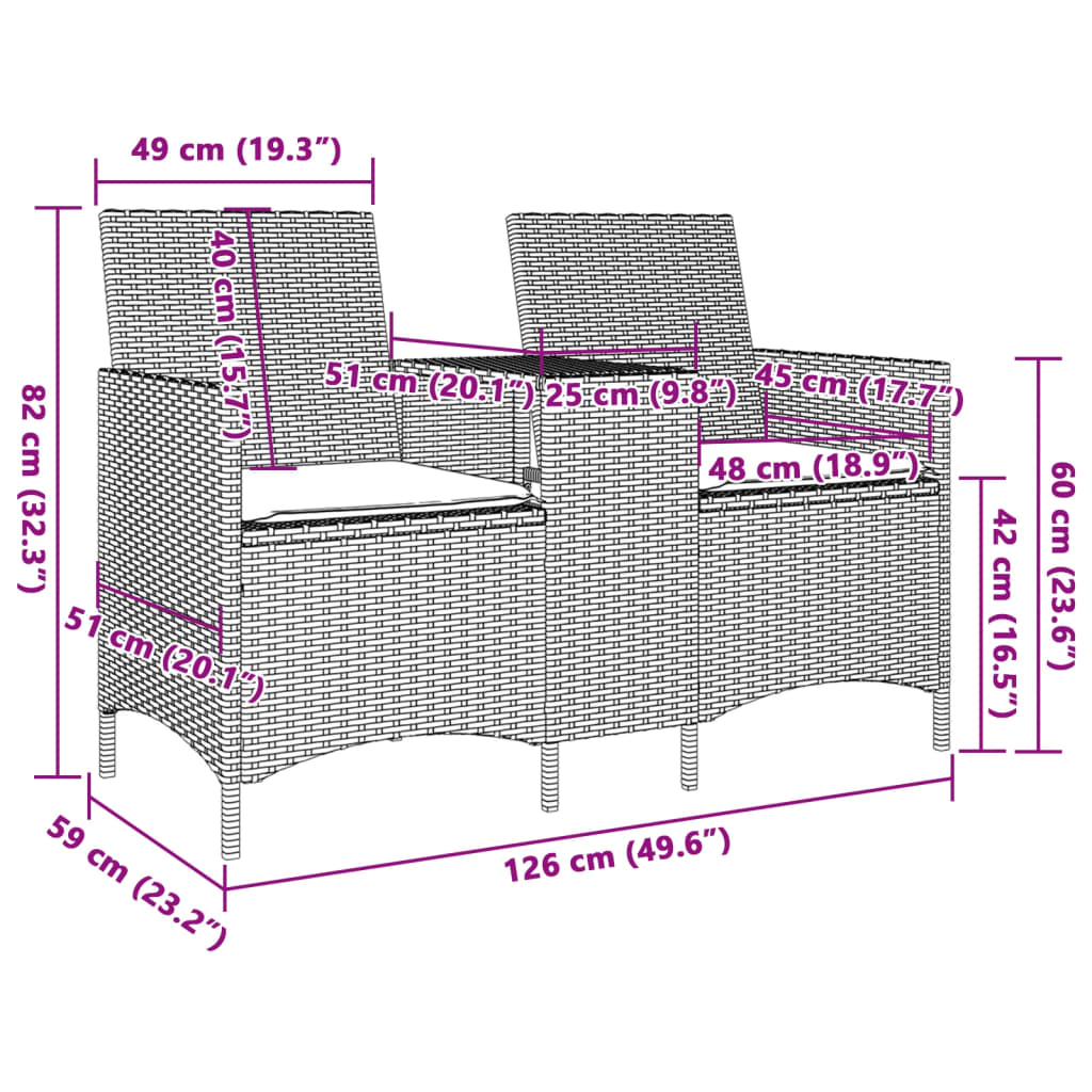 vidaXL Gartensofa 2-Sitzer mit Tisch und Kissen Beige Poly Rattan