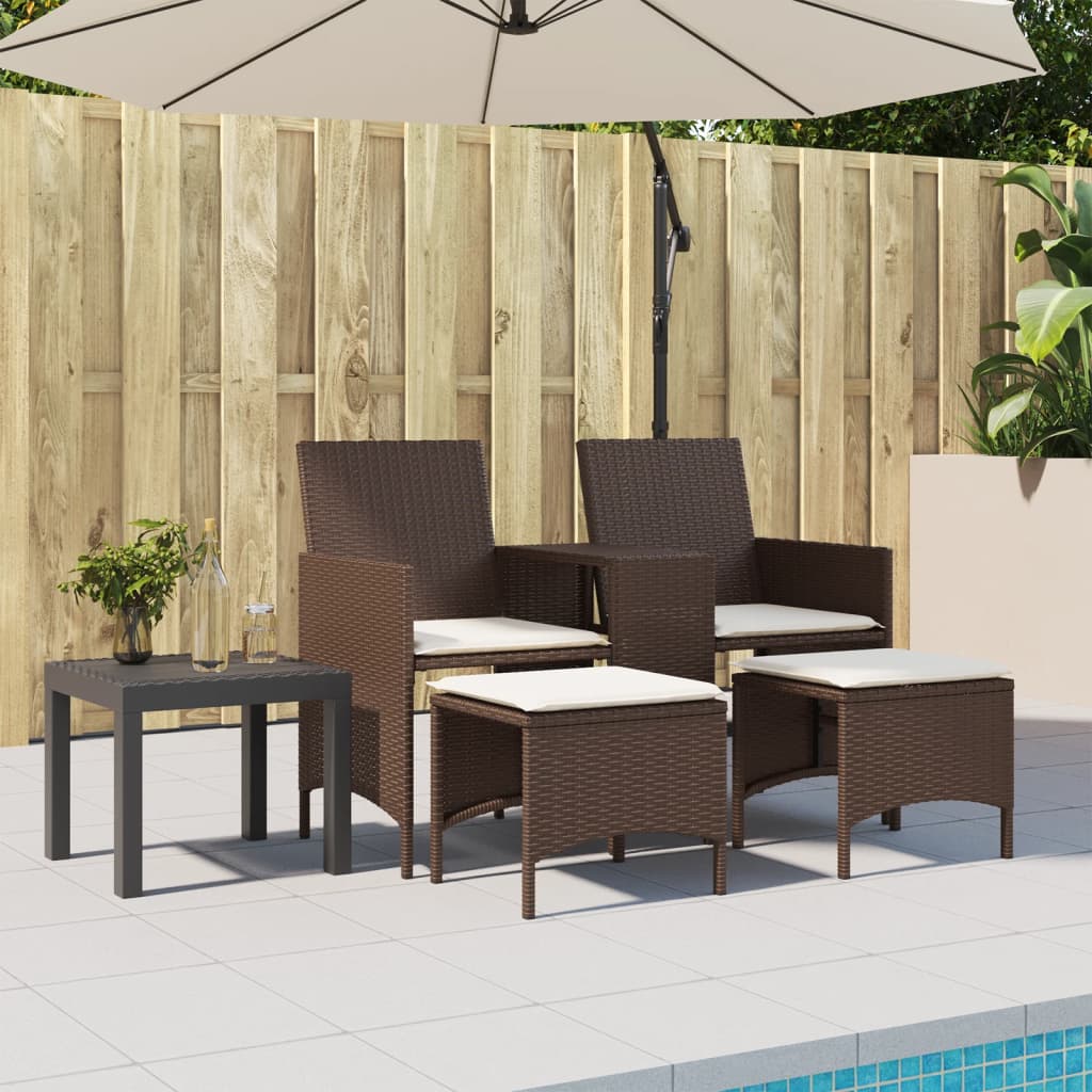 vidaXL Gartensofa 2-Sitzer mit Tisch und Hockern Braun Poly Rattan