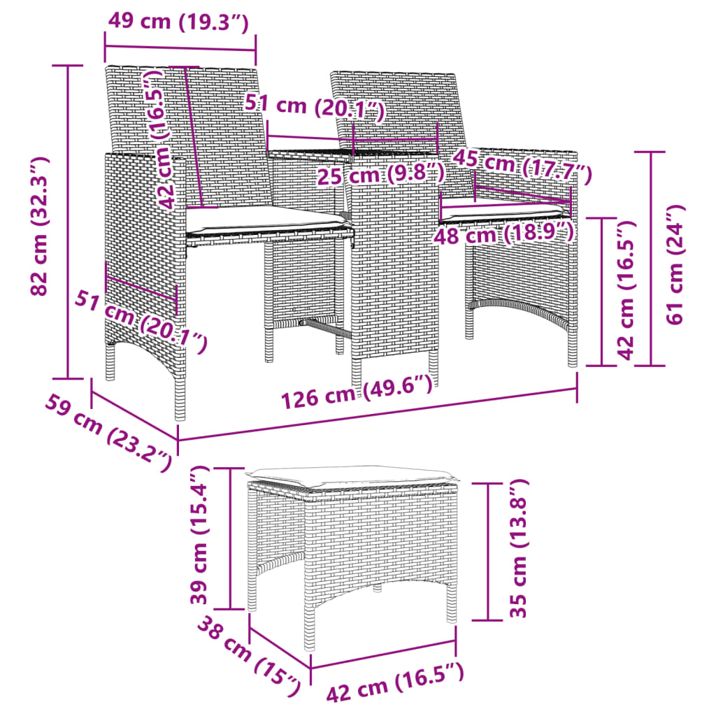 vidaXL Gartensofa 2-Sitzer mit Tisch und Hockern Braun Poly Rattan