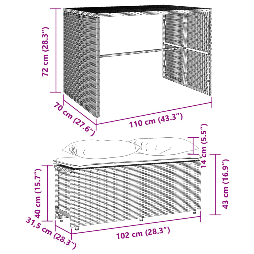 vidaXL 3-tlg. Garten-Essgruppe mit Kissen Schwarz Poly Rattan