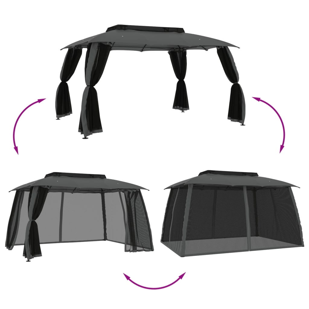 Pavillon mit Doppeldach & Netzwänden Anthrazit 3,93x2,93m Stahl