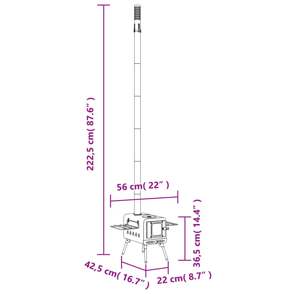 vidaXL Zeltofen Holz mit Rauchabzug und Klappbeinen Schwarz Stahl