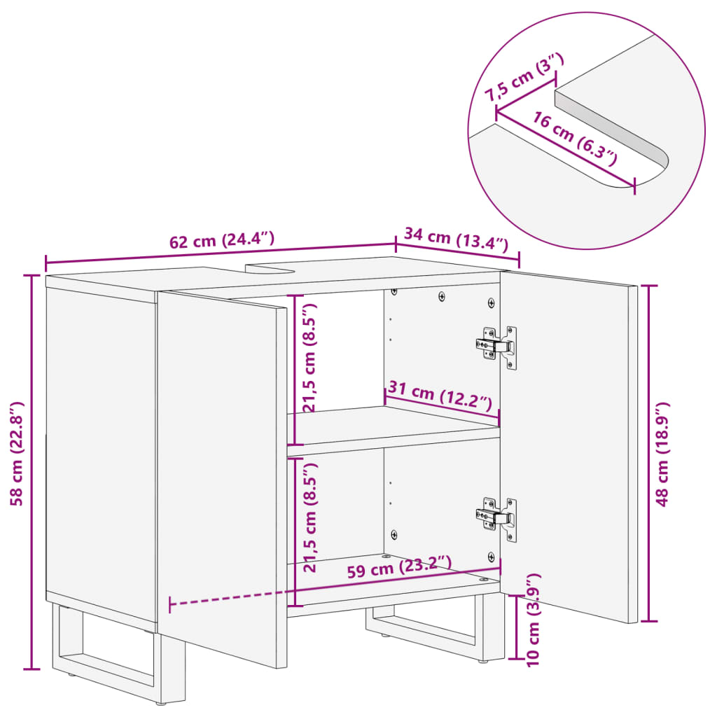 vidaXL Waschbeckenunterschrank 62x34x58 cm Massivholz Akazie