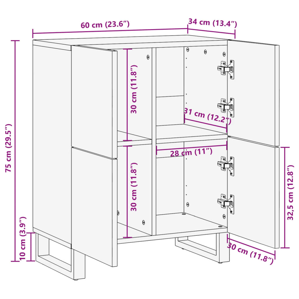 vidaXL Sideboard 60x34x75 cm Raues Massives Mangoholz