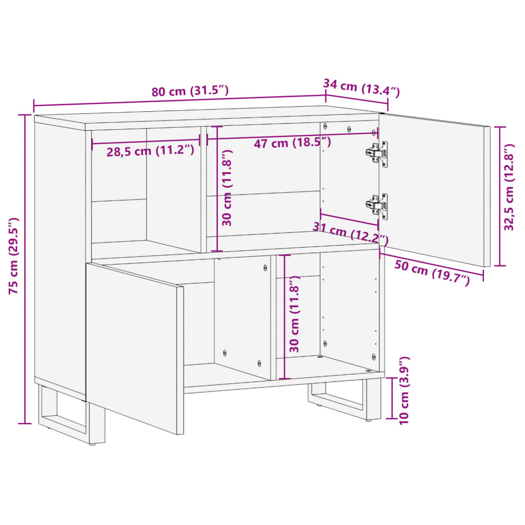 vidaXL Sideboard 80x34x75 cm Raues Massivholz Mango