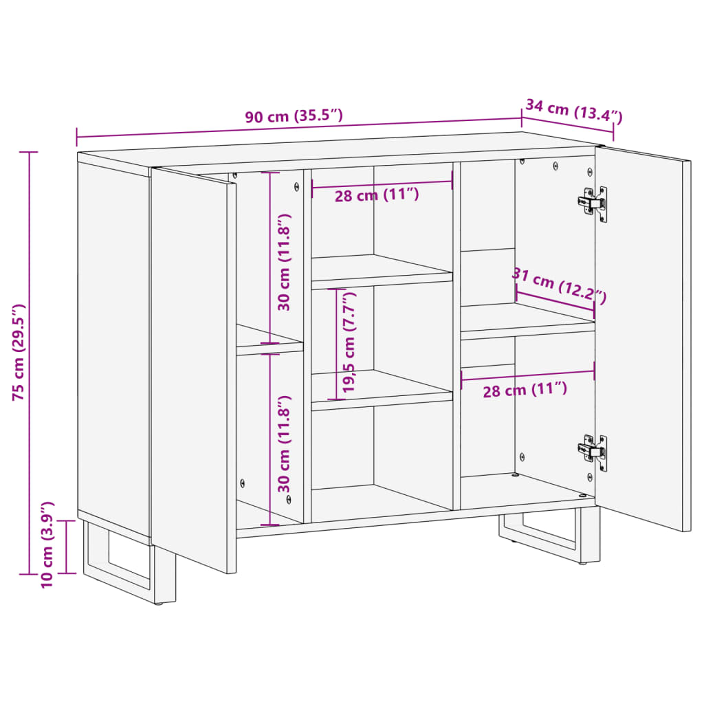 vidaXL Sideboard 90x34x75 cm Raues Massivholz Mango