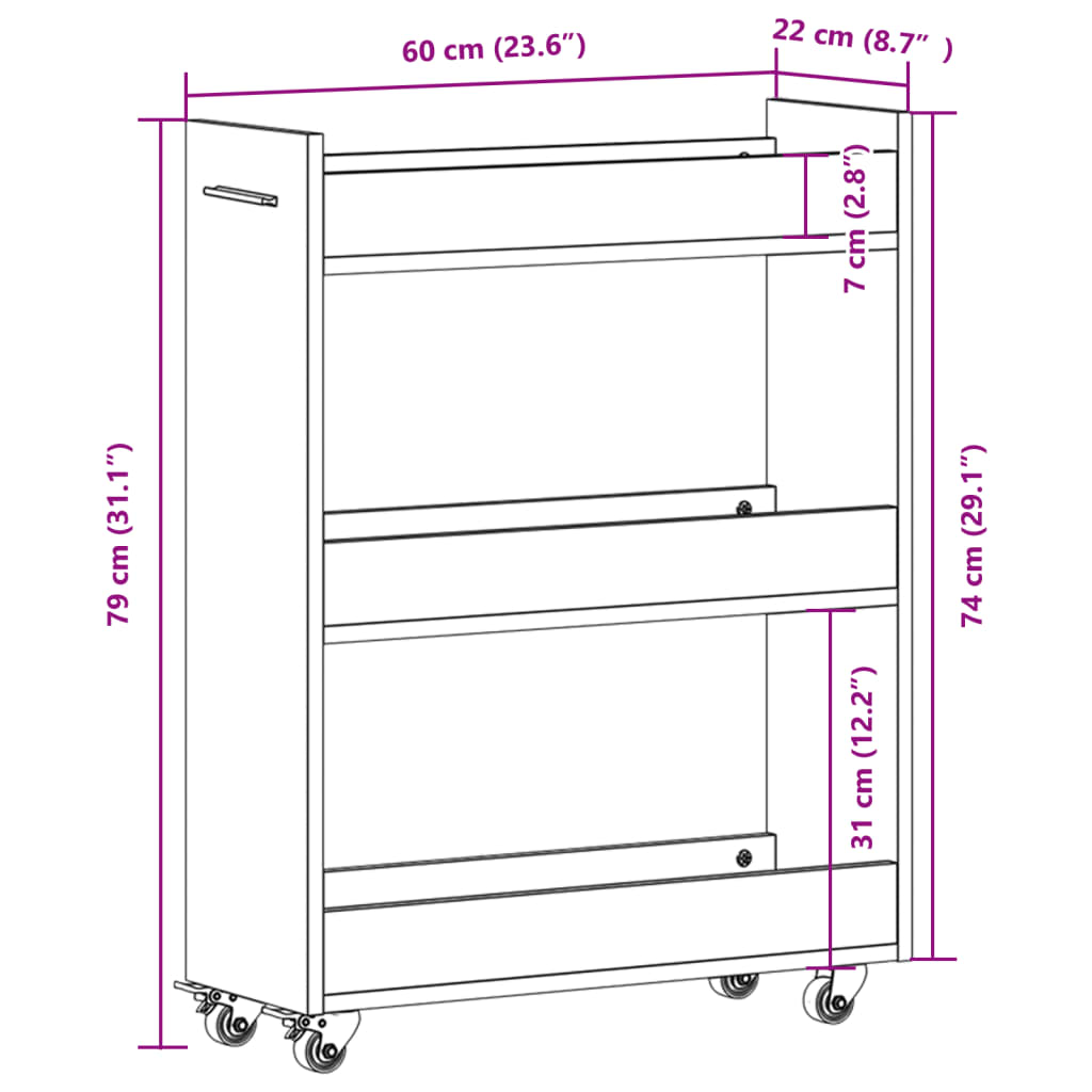 vidaXL Schrank mit Rollen Schwarz 60x22x79 cm Holzwerkstoff