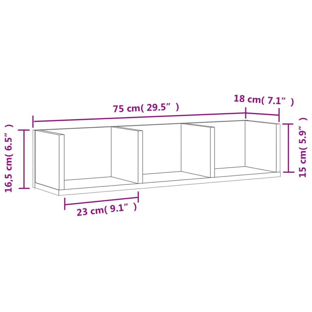 vidaXL Wandschrank Betongrau 75x18x16,5 cm Holzwerkstoff