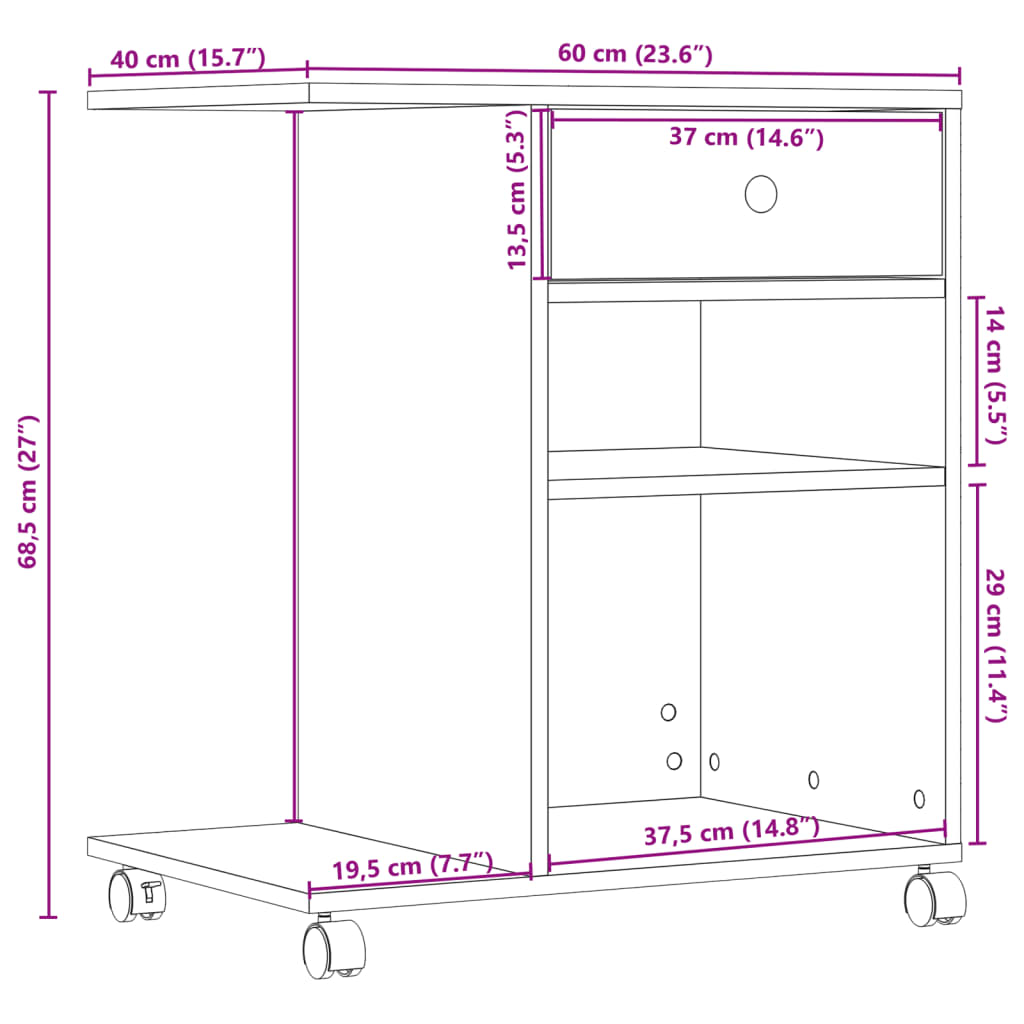 vidaXL Druckerständer mit Rollen Räuchereiche 60x40x68,5 cm