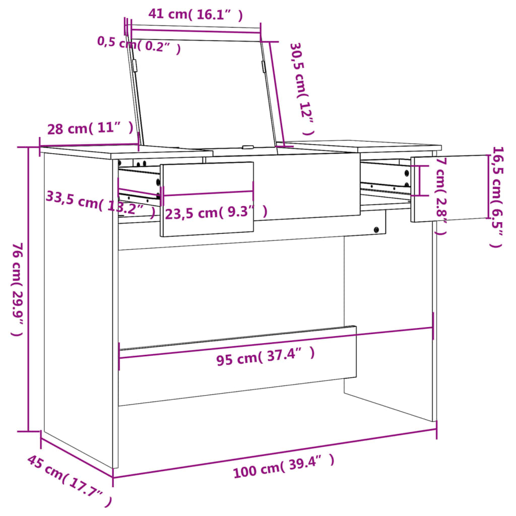 vidaXL Schminktisch mit Spiegel Grau Sonoma 100x45x76 cm