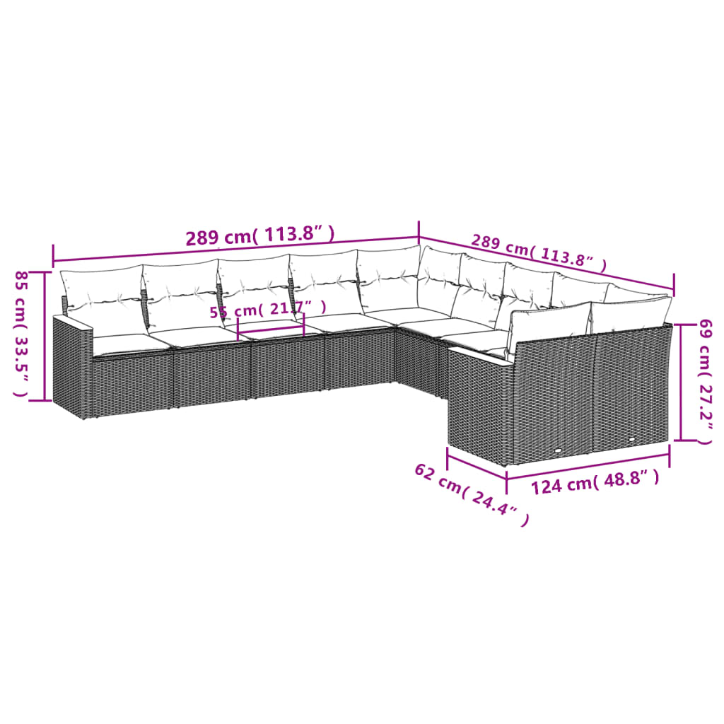 vidaXL 10-tlg. Garten-Sofagarnitur mit Kissen Schwarz Poly Rattan