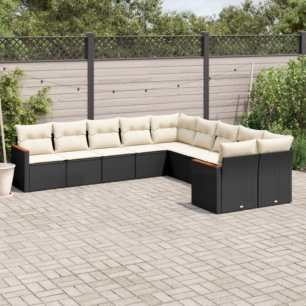 vidaXL 10-tlg. Garten-Sofagarnitur mit Kissen Schwarz Poly Rattan