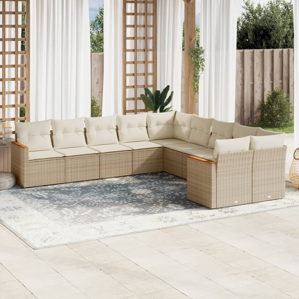 vidaXL 10-tlg. Garten-Sofagarnitur mit Kissen Beige Poly Rattan