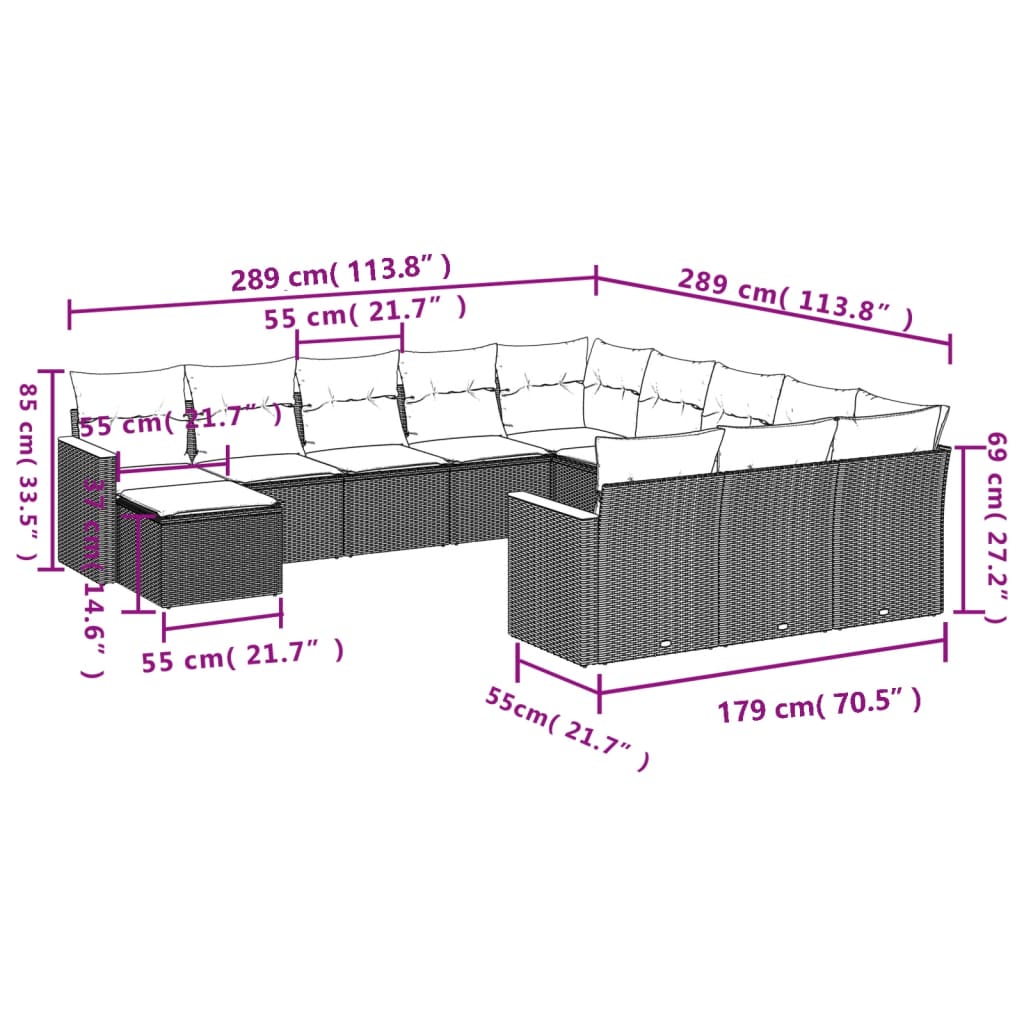 vidaXL 12-tlg. Garten-Sofagarnitur mit Kissen Grau Poly Rattan