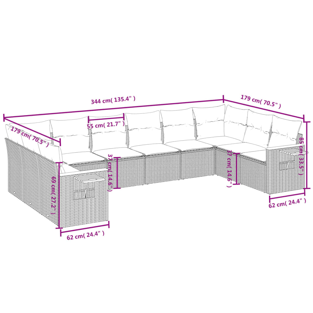 vidaXL 10-tlg. Garten-Sofagarnitur mit Kissen Schwarz Poly Rattan