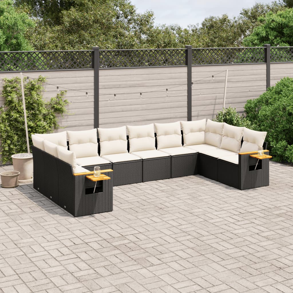 vidaXL 10-tlg. Garten-Sofagarnitur mit Kissen Schwarz Poly Rattan