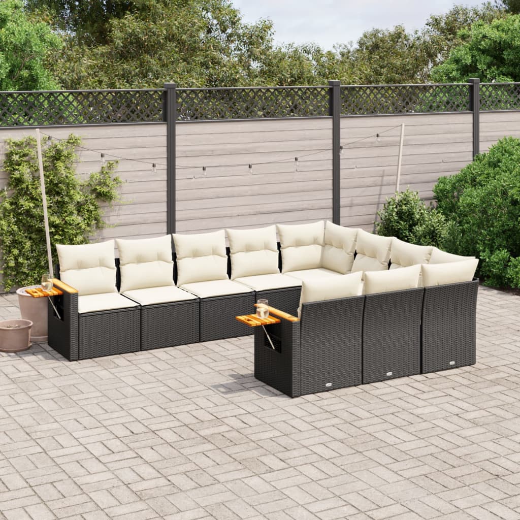 vidaXL 10-tlg. Garten-Sofagarnitur mit Kissen Schwarz Poly Rattan