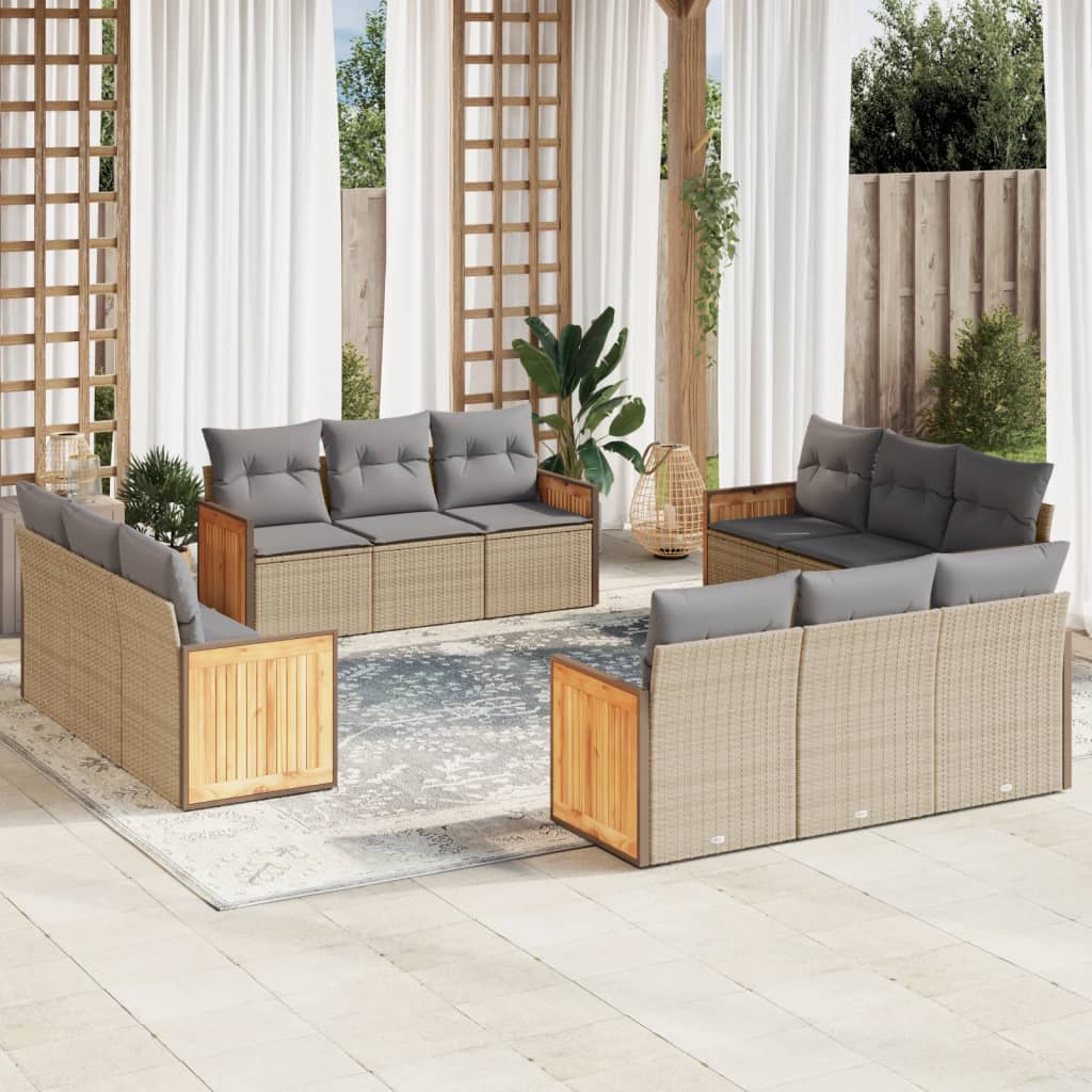 vidaXL 12-tlg. Garten-Sofagarnitur mit Kissen Beige Poly Rattan