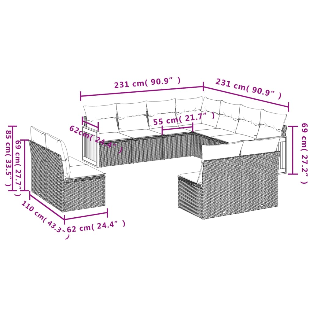 vidaXL 11-tlg. Garten-Sofagarnitur mit Kissen Grau Poly Rattan