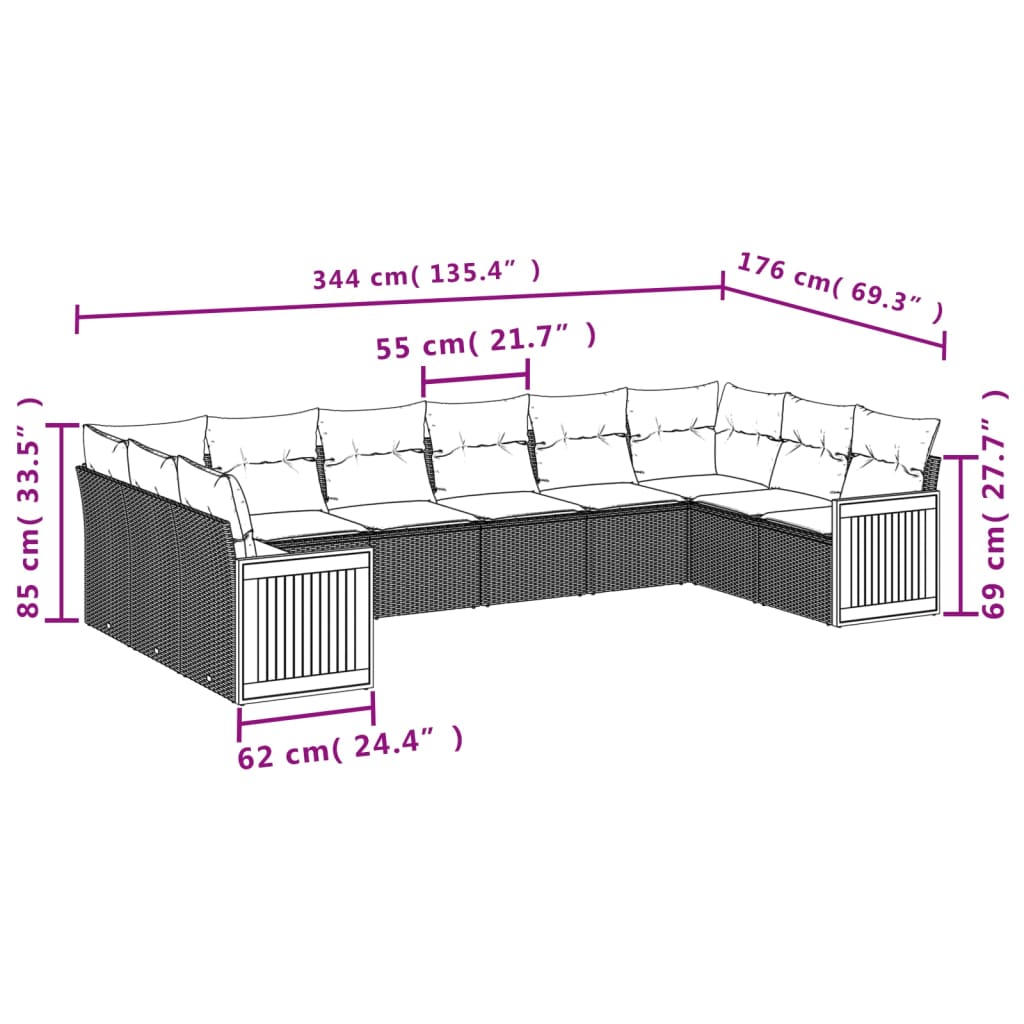 vidaXL 10-tlg. Garten-Sofagarnitur mit Kissen Beige Poly Rattan