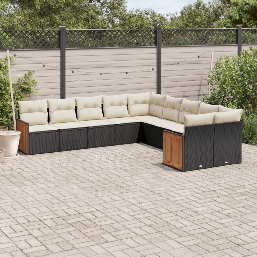 vidaXL 10-tlg. Garten-Sofagarnitur mit Kissen Schwarz Poly Rattan