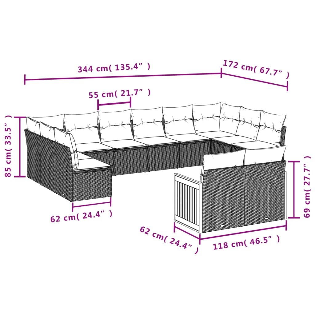 vidaXL 12-tlg. Garten-Sofagarnitur mit Kissen Beige Poly Rattan