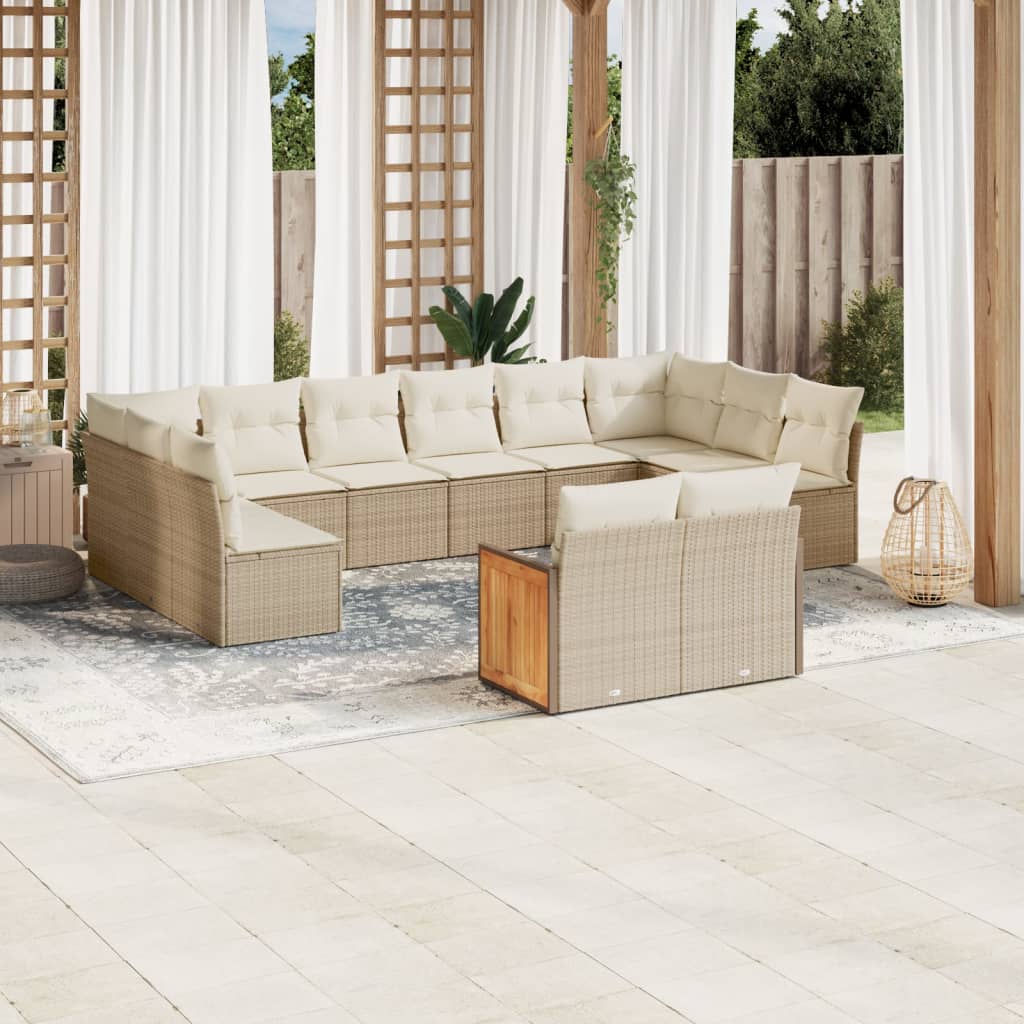 vidaXL 12-tlg. Garten-Sofagarnitur mit Kissen Beige Poly Rattan