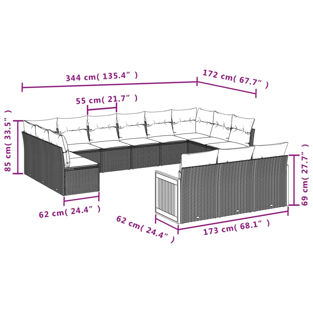 vidaXL 13-tlg. Garten-Sofagarnitur mit Kissen Schwarz Poly Rattan