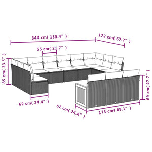 vidaXL 13-tlg. Garten-Sofagarnitur mit Kissen Schwarz Poly Rattan