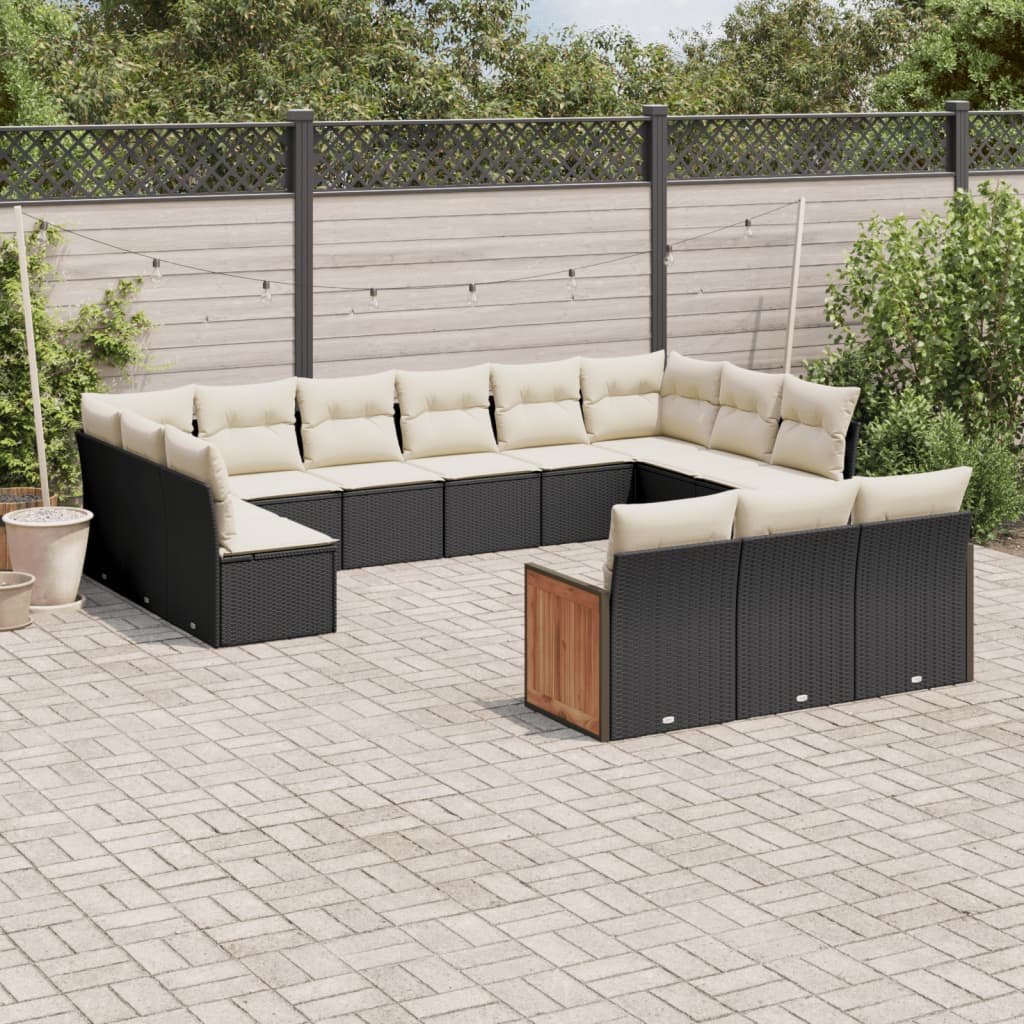 vidaXL 13-tlg. Garten-Sofagarnitur mit Kissen Schwarz Poly Rattan