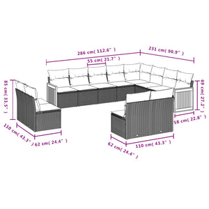 vidaXL 12-tlg. Garten-Sofagarnitur mit Kissen Schwarz Poly Rattan