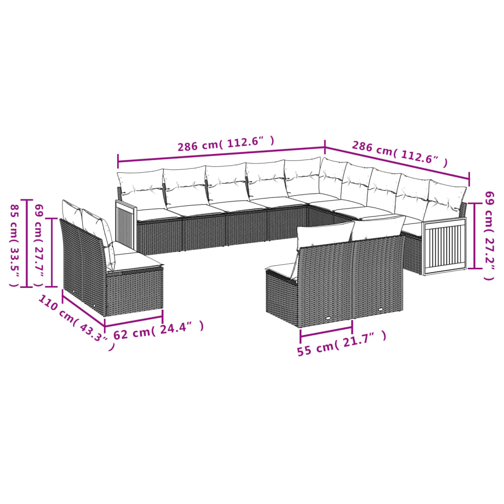 vidaXL 13-tlg. Garten-Sofagarnitur mit Kissen Schwarz Poly Rattan