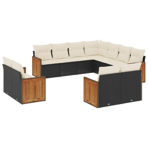 vidaXL 11-tlg. Garten-Sofagarnitur mit Kissen Schwarz Poly Rattan