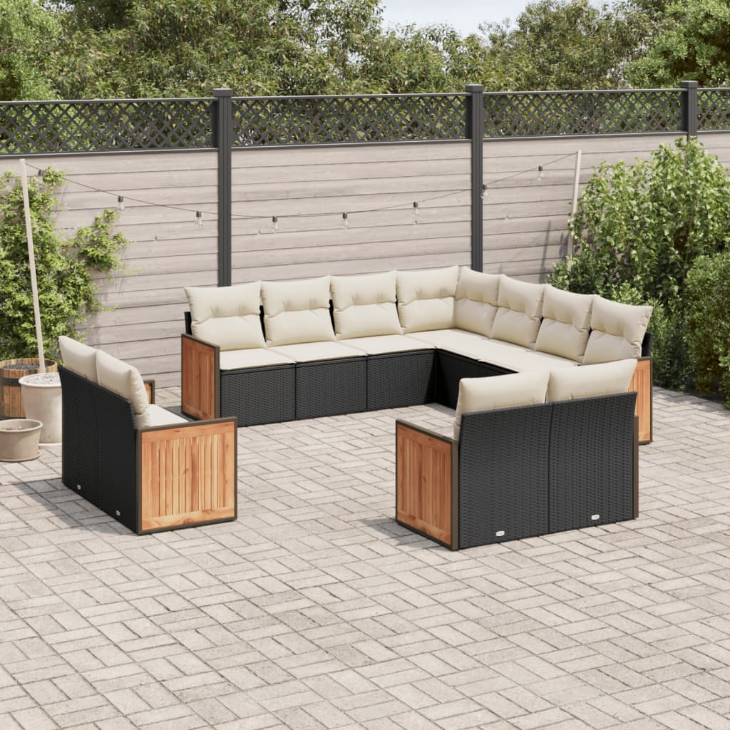 vidaXL 11-tlg. Garten-Sofagarnitur mit Kissen Schwarz Poly Rattan