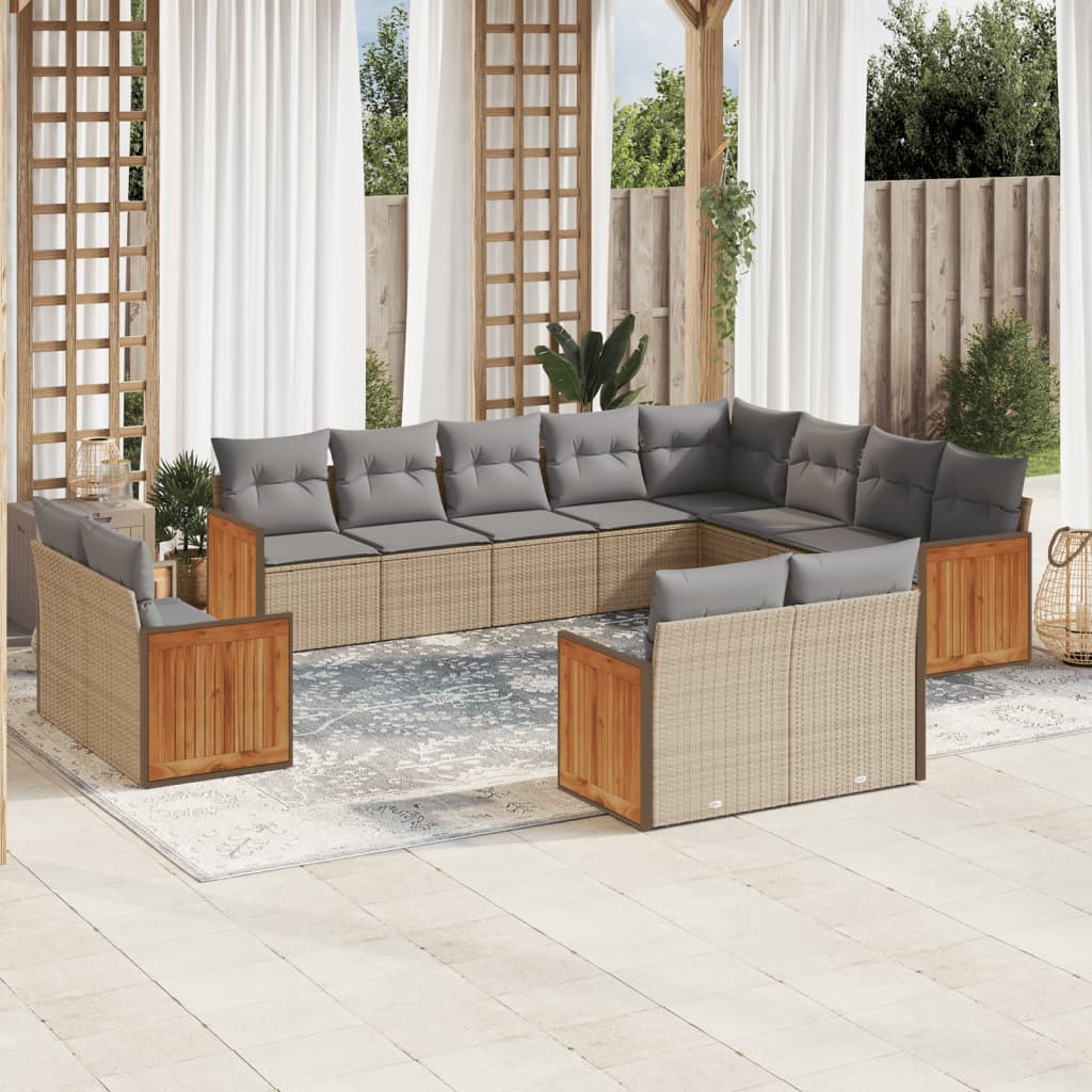 vidaXL 12-tlg. Garten-Sofagarnitur mit Kissen Beige Poly Rattan