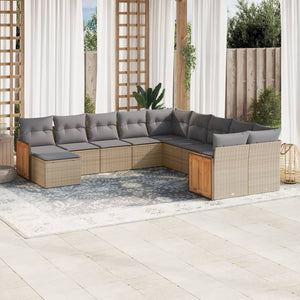 vidaXL 11-tlg. Garten-Sofagarnitur mit Kissen Beige Poly Rattan