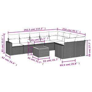 vidaXL 10-tlg. Garten-Sofagarnitur mit Kissen Schwarz Poly Rattan