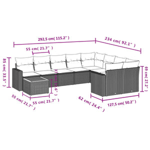 vidaXL 10-tlg. Garten-Sofagarnitur mit Kissen Schwarz Poly Rattan