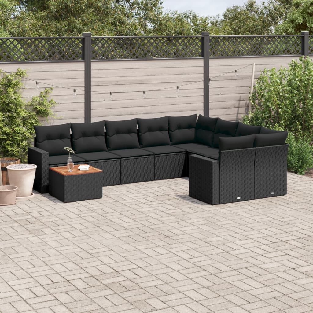 vidaXL 10-tlg. Garten-Sofagarnitur mit Kissen Schwarz Poly Rattan