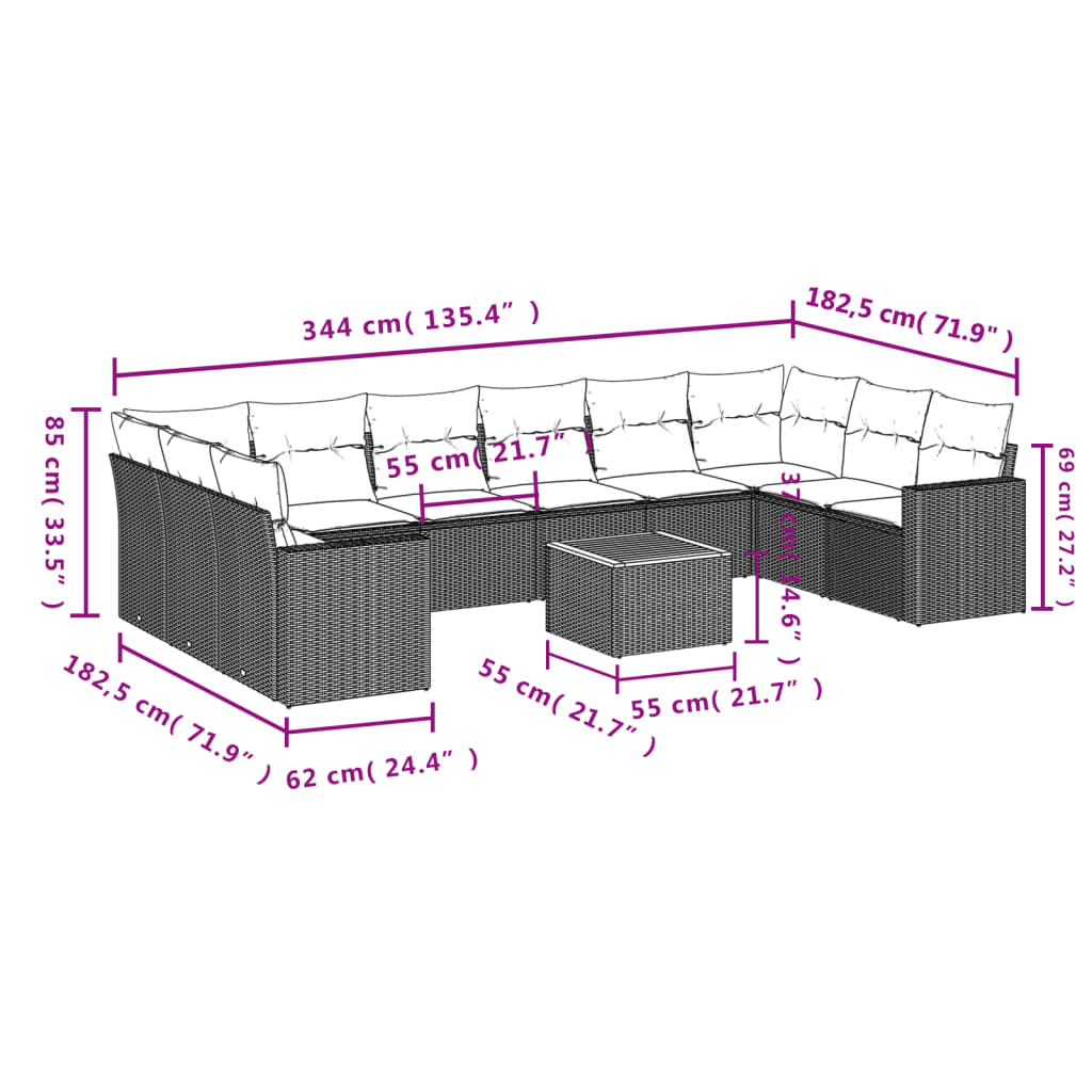 vidaXL 11-tlg. Garten-Sofagarnitur mit Kissen Schwarz Poly Rattan