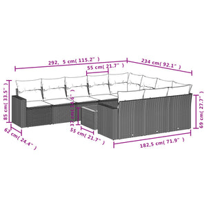 vidaXL 11-tlg. Garten-Sofagarnitur mit Kissen Schwarz Poly Rattan