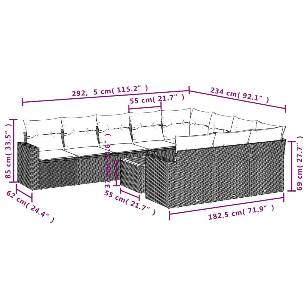 vidaXL 11-tlg. Garten-Sofagarnitur mit Kissen Grau Poly Rattan