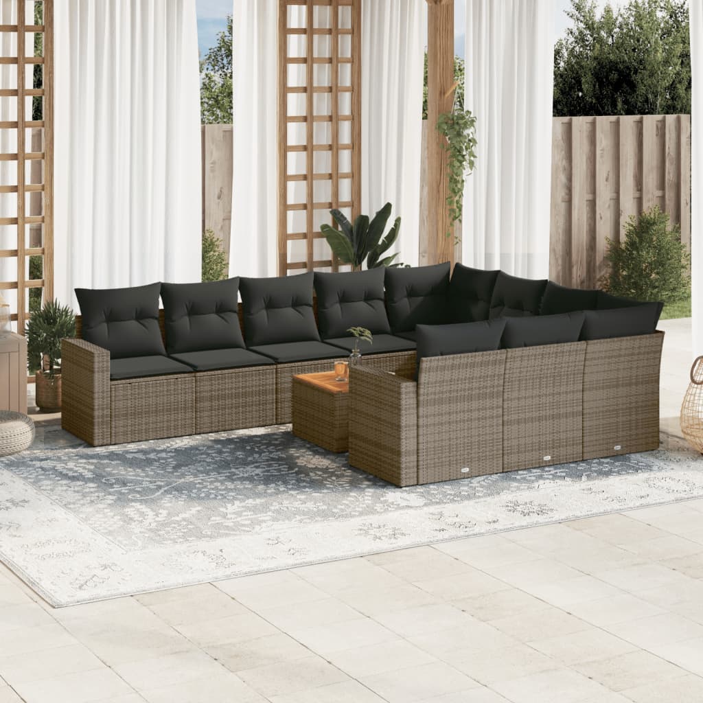 vidaXL 11-tlg. Garten-Sofagarnitur mit Kissen Grau Poly Rattan