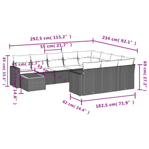 vidaXL 11-tlg. Garten-Sofagarnitur mit Kissen Schwarz Poly Rattan