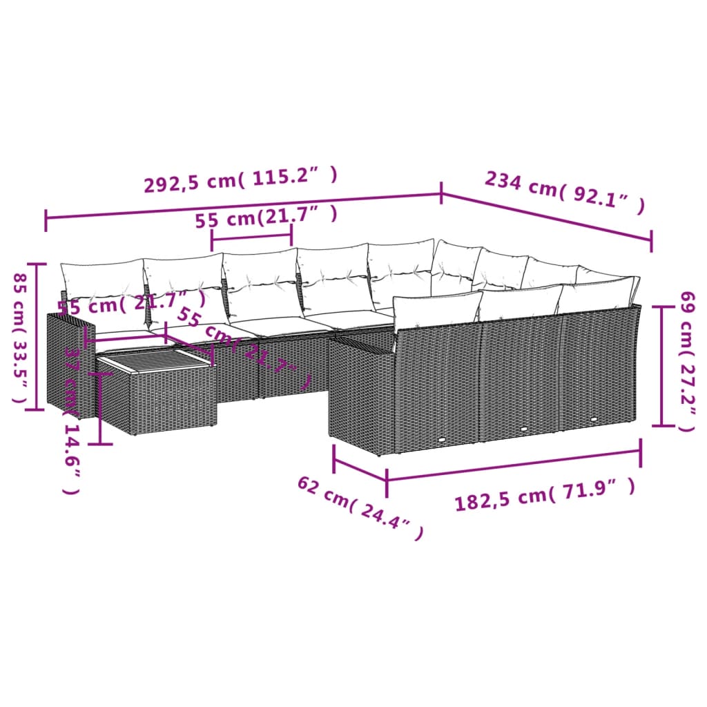 vidaXL 11-tlg. Garten-Sofagarnitur mit Kissen Grau Poly Rattan