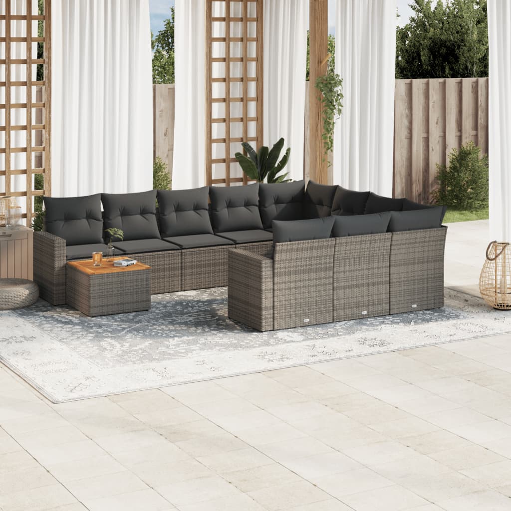 vidaXL 11-tlg. Garten-Sofagarnitur mit Kissen Grau Poly Rattan