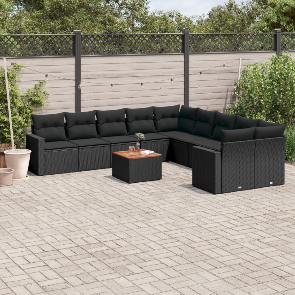 vidaXL 11-tlg. Garten-Sofagarnitur mit Kissen Schwarz Poly Rattan